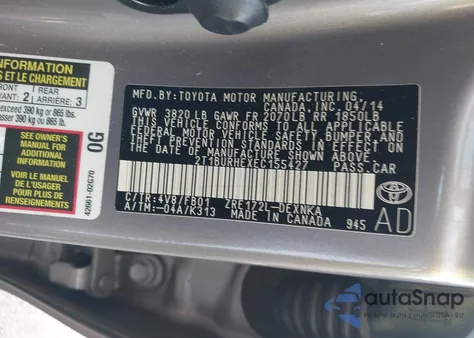 2014 Toyota Corolla Le z USA, uszkodzony, nr VIN 2T1BURHEXEC155427